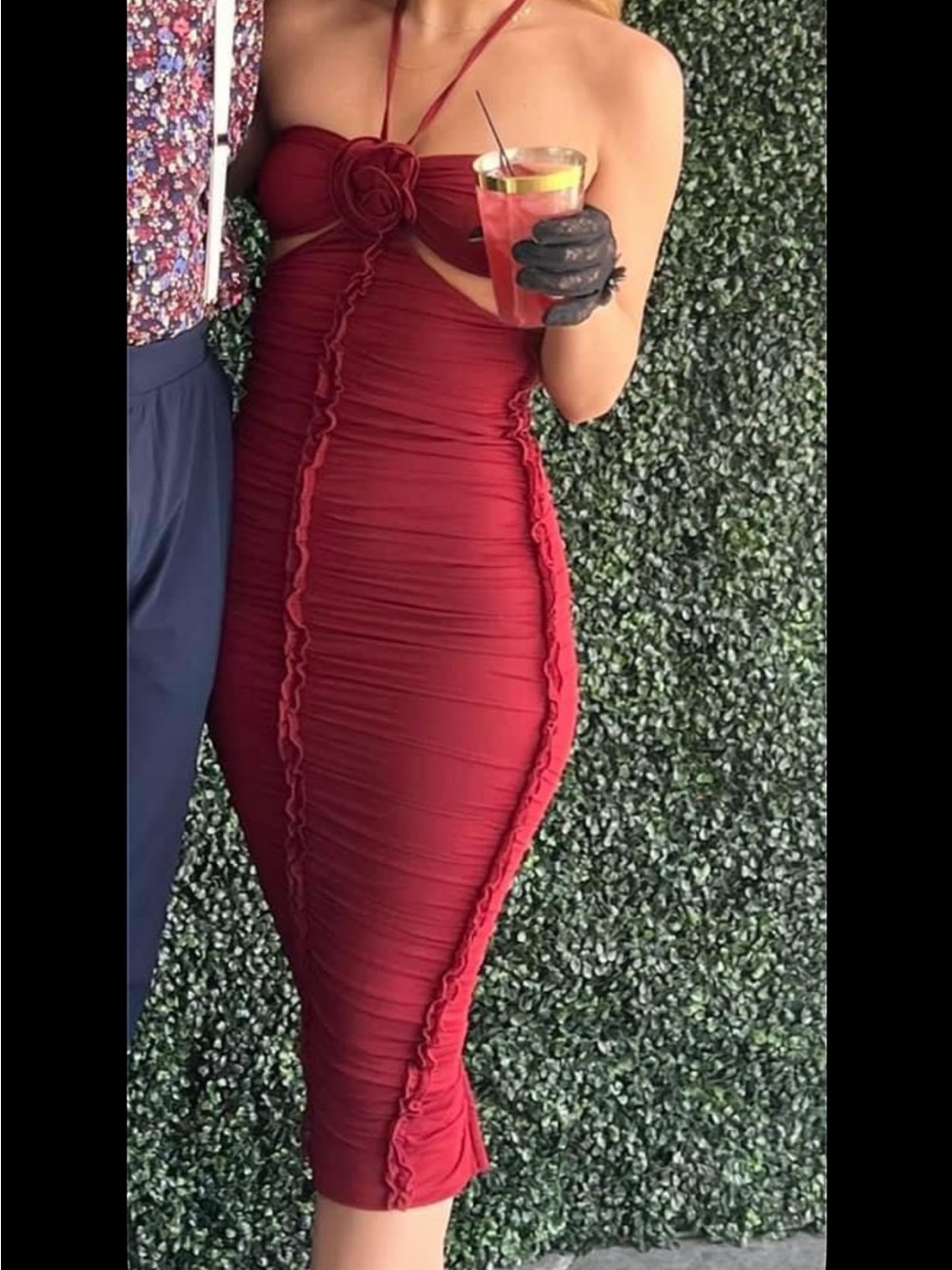 Oh Polly Wine Red Ruched Halter Midi Dress with Rose Detail